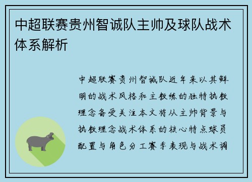 中超联赛贵州智诚队主帅及球队战术体系解析