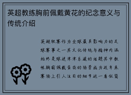 英超教练胸前佩戴黄花的纪念意义与传统介绍