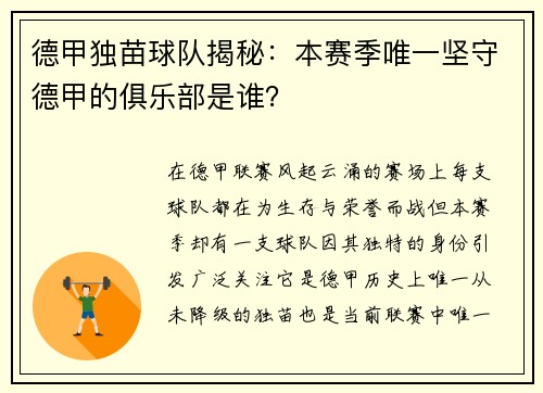 德甲独苗球队揭秘：本赛季唯一坚守德甲的俱乐部是谁？