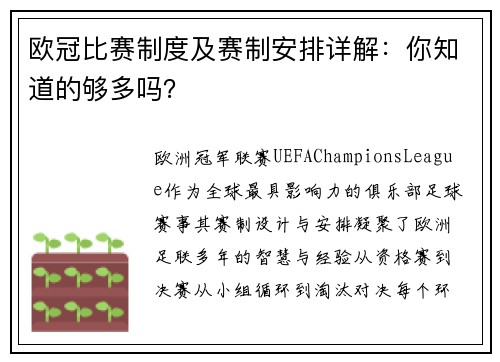 欧冠比赛制度及赛制安排详解：你知道的够多吗？